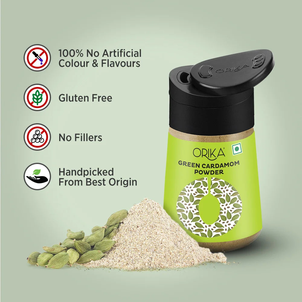 Orika Green Cardamom Powder | Pure Elaichi Powder | Aromatic & Flavourful | 100% Natural | 45g - Orika Spices India